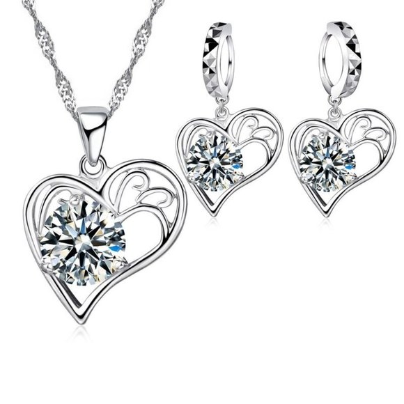 Jewelry - Earrings Necklace Pendant Heart 925 Sterling Silver Set
